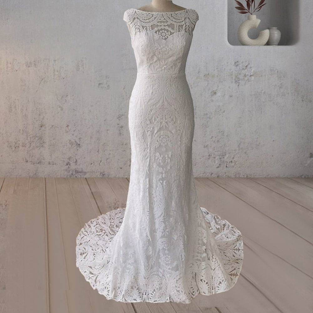 White Mermaid Cap Sleeve Lace Wedding Dress