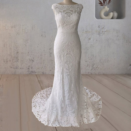 White Mermaid Cap Sleeve Lace Wedding Dress