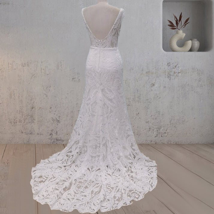 White Mermaid Cap Sleeve Lace Wedding Dress