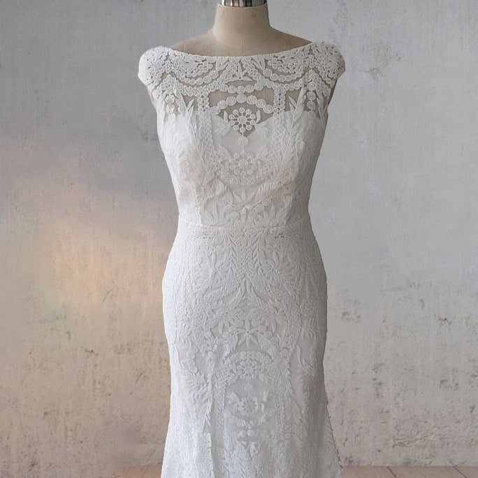 White Mermaid Cap Sleeve Lace Wedding Dress