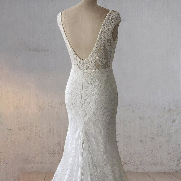 White Mermaid Cap Sleeve Lace Wedding Dress