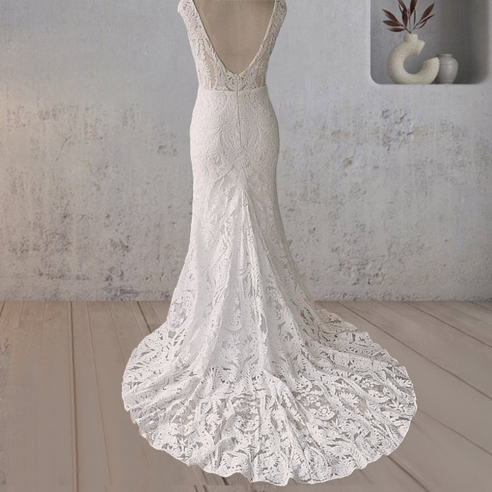 White Mermaid Cap Sleeve Lace Wedding Dress