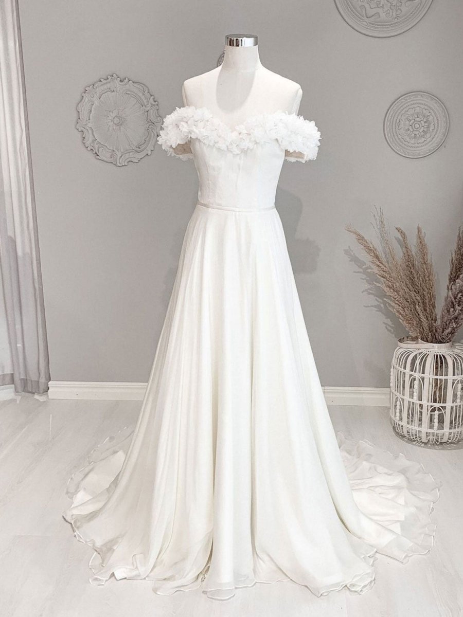 White Off Shoulder Flowers Long Beach Wedding Dress
