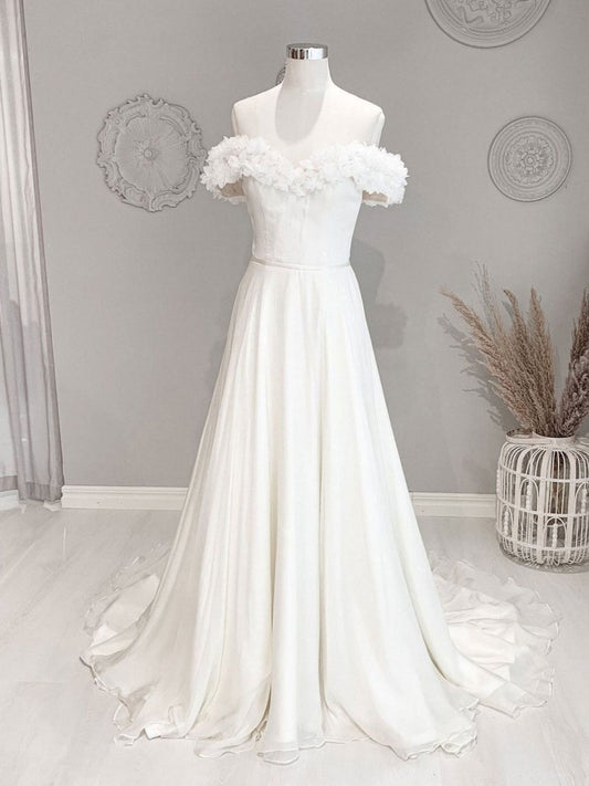 White Off Shoulder Flowers Long Beach Wedding Dress