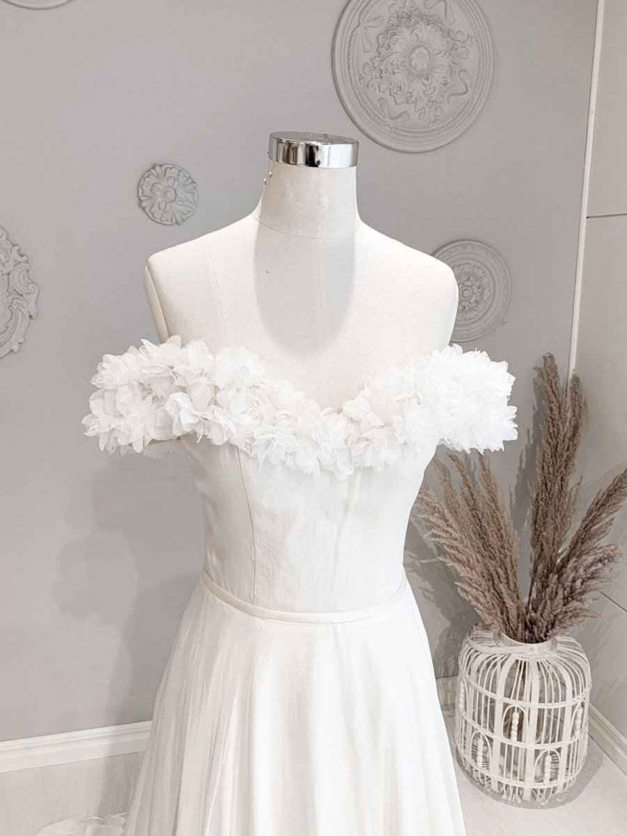 White Off Shoulder Flowers Long Beach Wedding Dress
