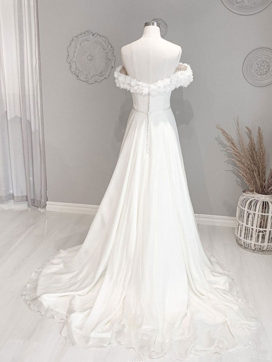 White Off Shoulder Flowers Long Beach Wedding Dress