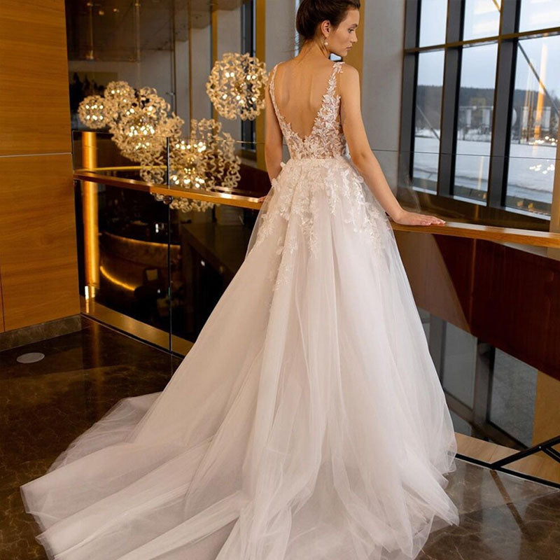 Appliques Wedding Dresses For Women Sexy Backless V-neck Bridal Gown Spaghetti Strap Elegant Bohemian Princess Dress-payinti