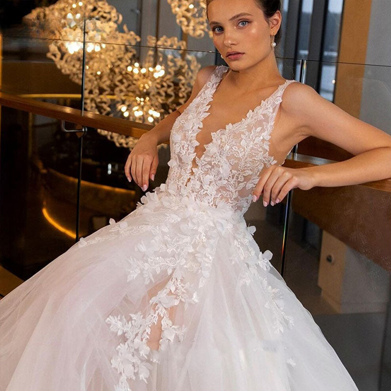 Appliques Wedding Dresses For Women Sexy Backless V-neck Bridal Gown Spaghetti Strap Elegant Bohemian Princess Dress-payinti