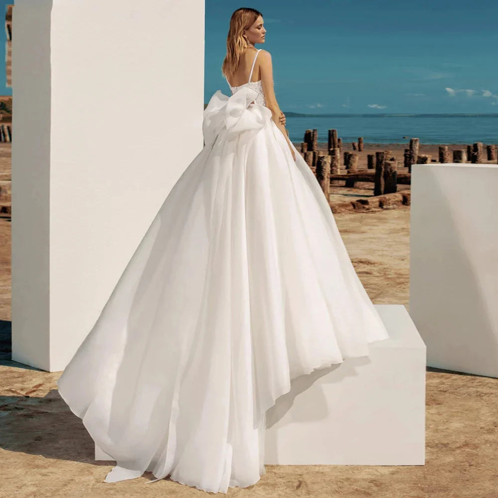 A-Line Bohemian Wedding Dresses Women's Sweetheart Spaghetti Strap Backless Vestido De Beaded Shiny Back Bowknot Robe De Mariee-payinti