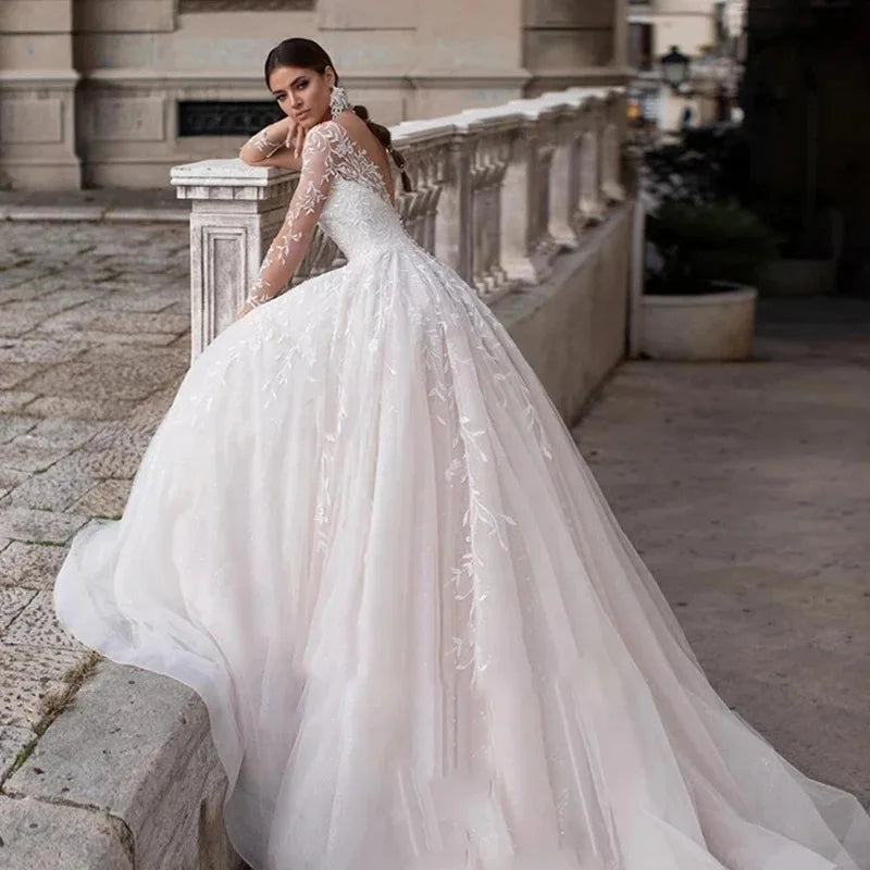 Appliques Vestido De Noiva Deep V-neck Vestidos De Novia Long Sleeves Wedding Dresses Lace Robe De Mariée-payinti