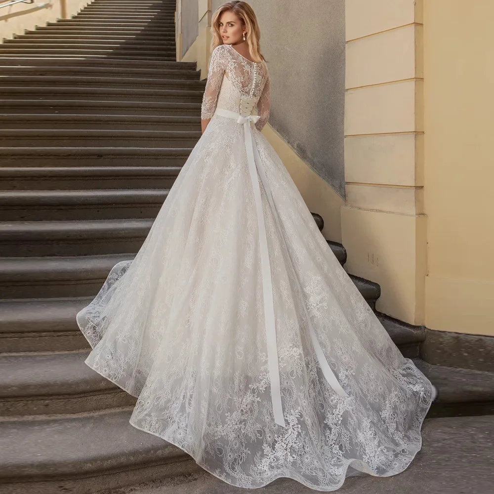 Appliques Vestido De Noiva Ribbons Belt Vestidos De Novia Three Quarter Sleeve Wedding Dresses Lace Robe De Mariée-payinti