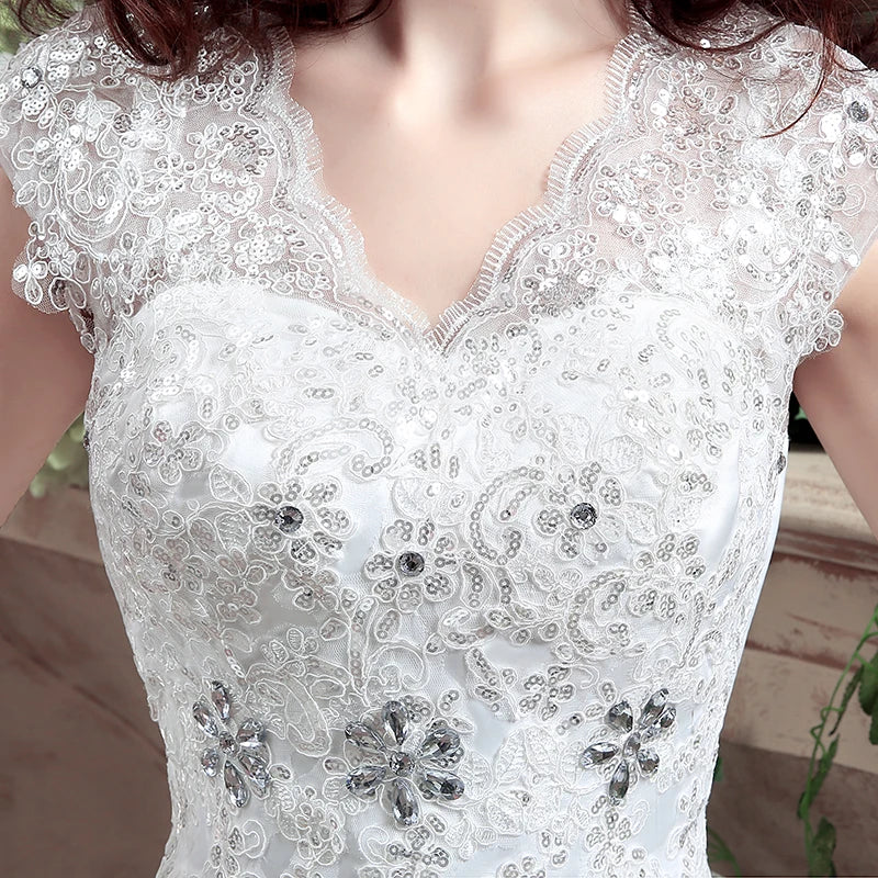 Applqiues Vestido De Noiva Cap Sleeve Wedding Dresses V-neck Vestidos De Novia-payinti