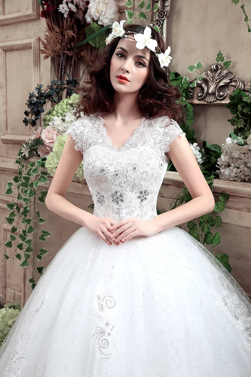 Applqiues Vestido De Noiva Cap Sleeve Wedding Dresses V-neck Vestidos De Novia-payinti
