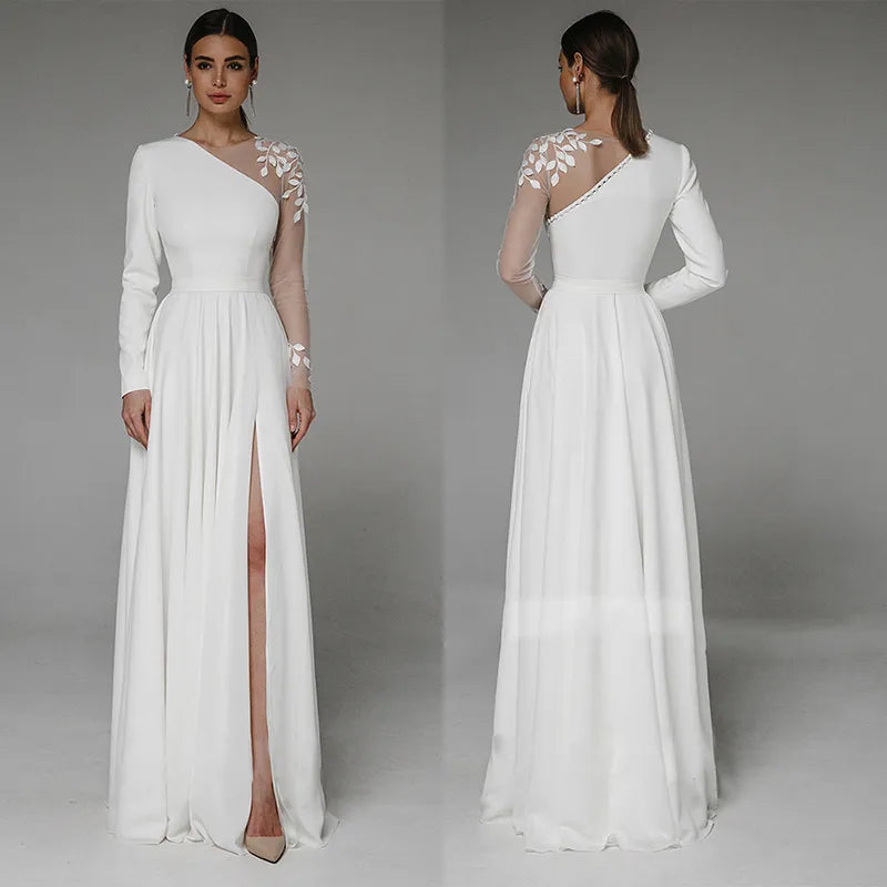 Asymmetrical Side Slit Wedding Dress Long Sleeve Civil Bridal Gown Party For Bride Button Applique Floor Length Свадебное платье-payinti