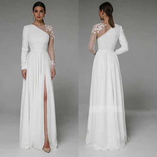 Asymmetrical Side Slit Wedding Dress Long Sleeve Civil Bridal Gown Party For Bride Button Applique Floor Length Свадебное платье-payinti