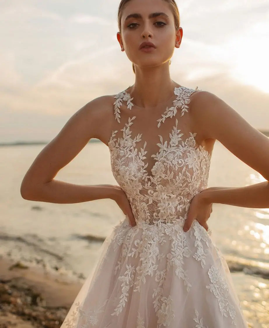 Beach A-Line Wedding Dresses O-neck Sleeveless Vestidos De Novia Custom Made Appliques Vestido De Noiva-payinti