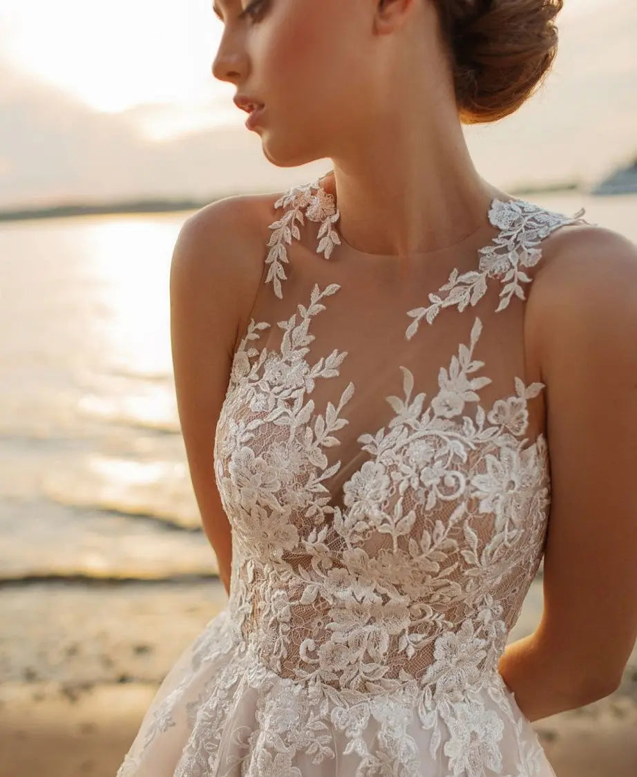 Beach A-Line Wedding Dresses O-neck Sleeveless Vestidos De Novia Custom Made Appliques Vestido De Noiva-payinti