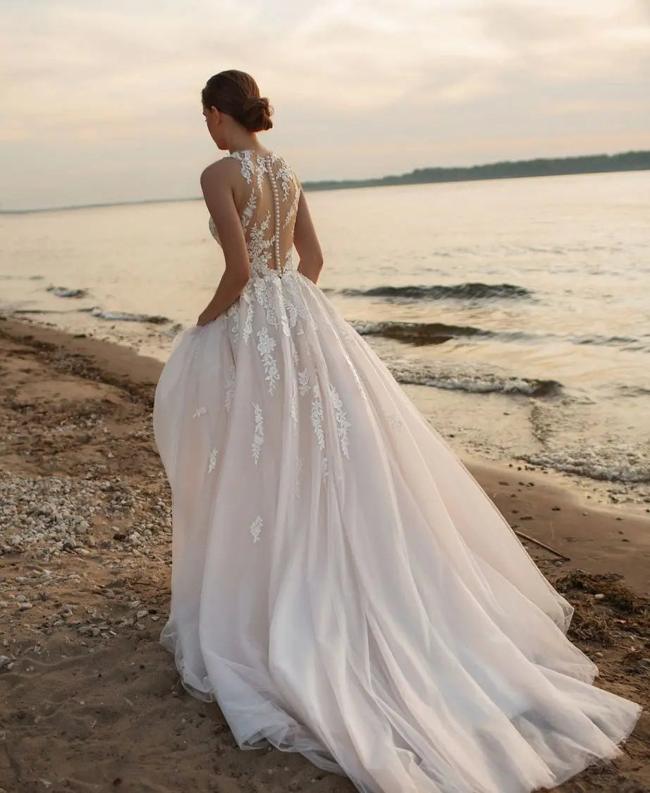 Beach A-Line Wedding Dresses O-neck Sleeveless Vestidos De Novia Custom Made Appliques Vestido De Noiva-payinti