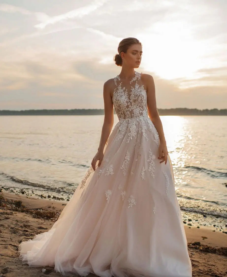 Beach A-Line Wedding Dresses O-neck Sleeveless Vestidos De Novia Custom Made Appliques Vestido De Noiva-payinti
