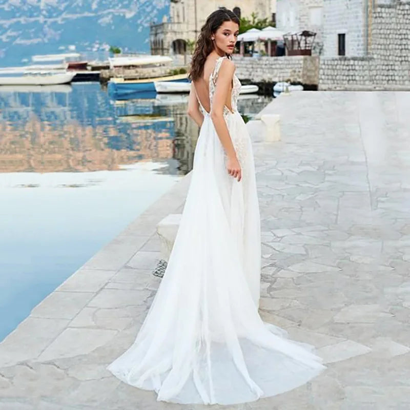 Beach Boho Backless Wedding Dresses Spaghetti Straps Lace Wedding Gowns Side Split V Neck Bride Dress Vestido De Novia-payinti