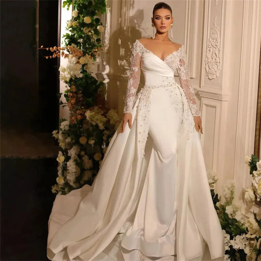 Beautiful A Line Wedding Dresses Gorgeous Satin Deep V-neck Lace Appliques Slimming Beautiful Mopping Beach Bridal Gown 2023-payinti