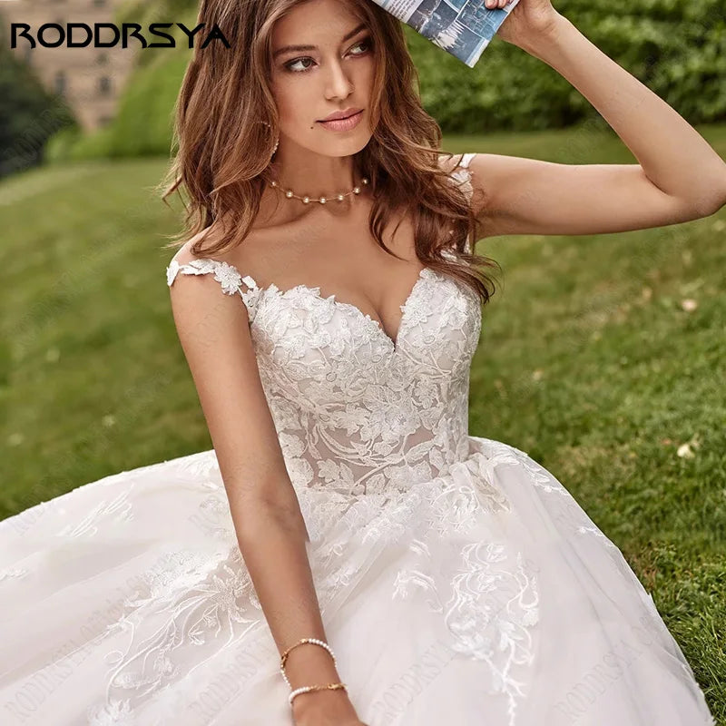 Beach Cap Sleeves Wedding Dresses Illusion Lace Buttons Back Bridal Gown Women Appliques Tulle vestidos de novia playa-payinti