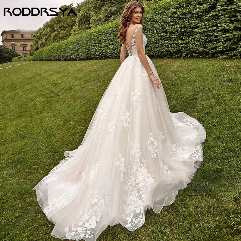 Beach Cap Sleeves Wedding Dresses Illusion Lace Buttons Back Bridal Gown Women Appliques Tulle vestidos de novia playa-payinti