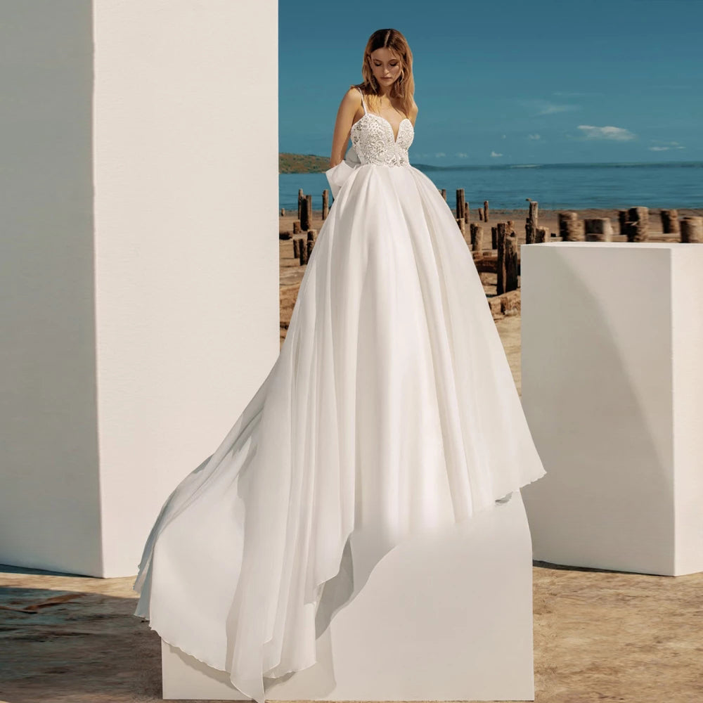 A-Line Bohemian Wedding Dresses Women's Sweetheart Spaghetti Strap Backless Vestido De Beaded Shiny Back Bowknot Robe De Mariee-payinti